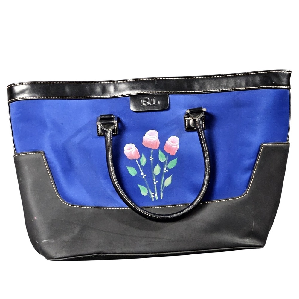 Vintage 90s Ralph Lauren Tote Bag Blue Black Floral Rose Canvas Handbag Y2K